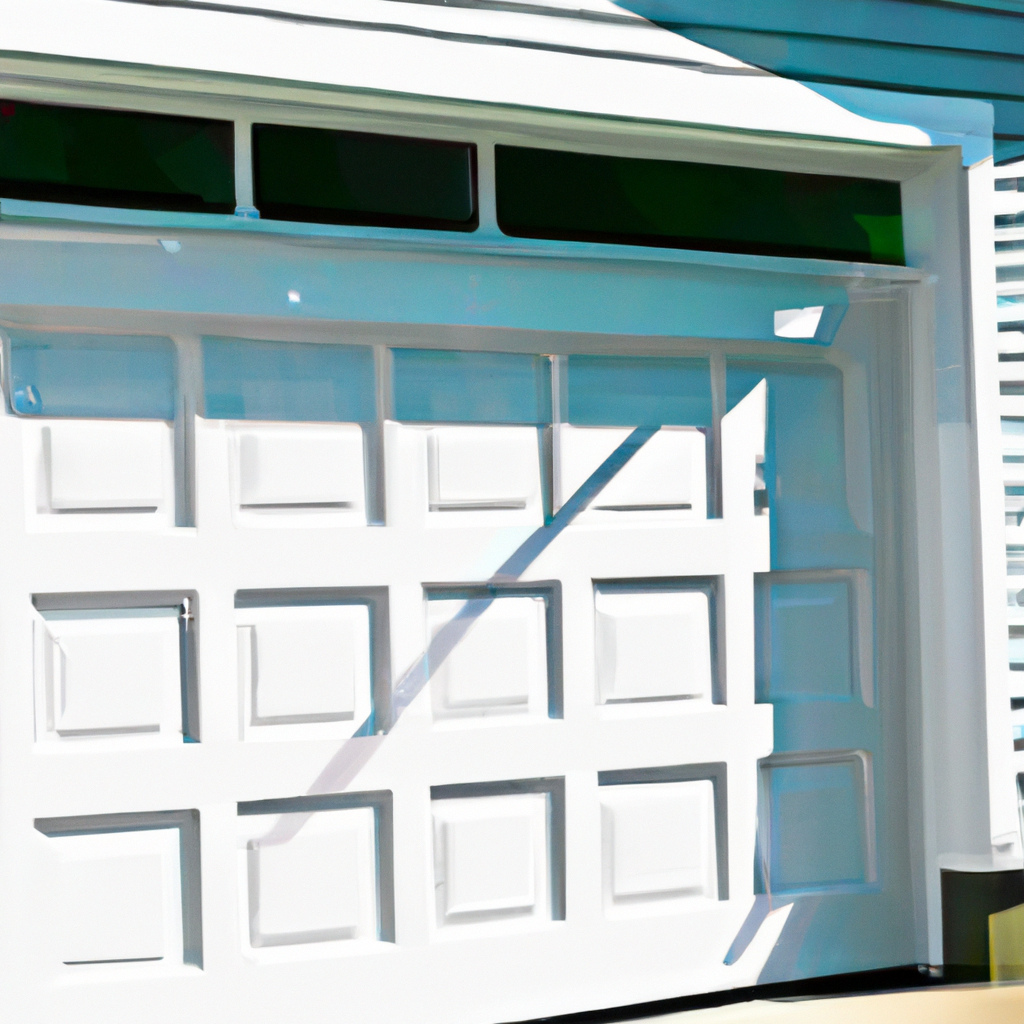 Suburban garage door with heat-reflective coating and ventilation under bright summer sun