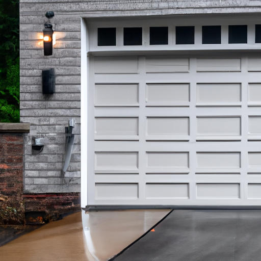 Residential sectional garage door partially open at a Haddonfield, NJ driveway; tracks and opener visible, wet pavement from recent rain.