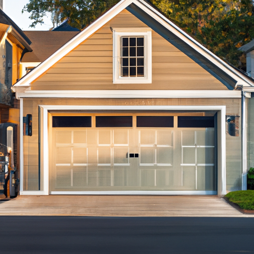 Exterior shot of a suburban garage door in Haddonfield, NJ showing tracks, rollers and hardware, late afternoon light.