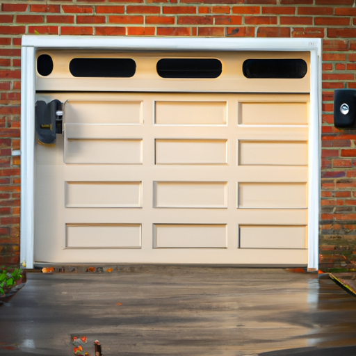 Haddonfield suburban garage with a visible sectional door and smart keypad mounted beside it at dusk.