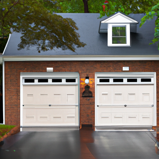 Exterior view of a Haddonfield home with a modern closed garage door and brick facade on a wet afternoon.
