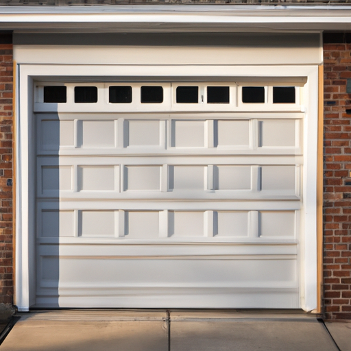 Insulated paneled garage door on a brick colonial home in late-afternoon light in Haddonfield, NJ.