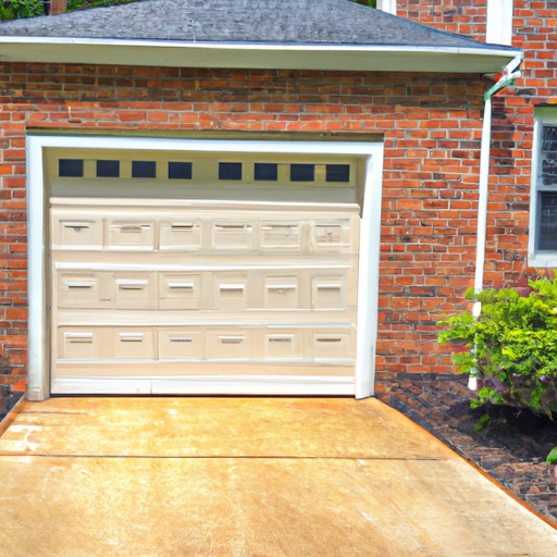 Sectional garage door on a brick Haddonfield, NJ home with driveway and trimmed shrubs, daylight.