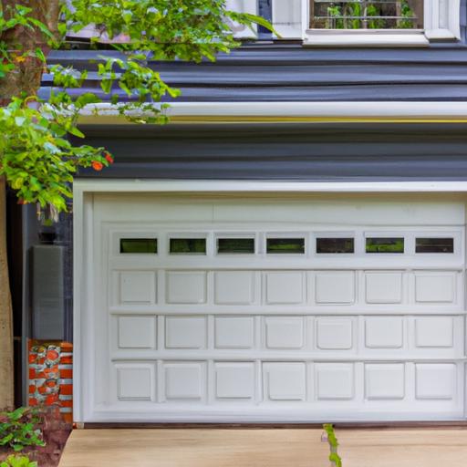 Suburban Haddonfield home showing a closed sectional garage door with windows and brick facade, daylight scene.