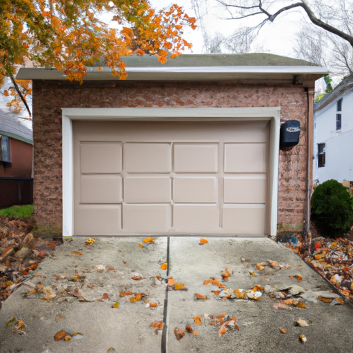 Suburban Haddonfield home with a closed raised-panel garage door, brick facade and fall leaves on the driveway.