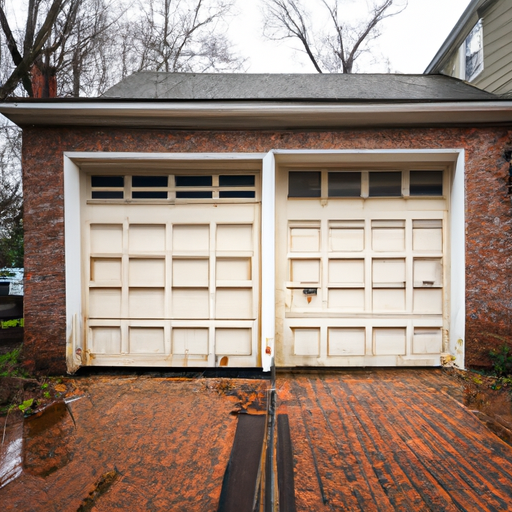 Suburban Haddonfield driveway with a residential garage door, wet pavement, and visible rollers and track details.
