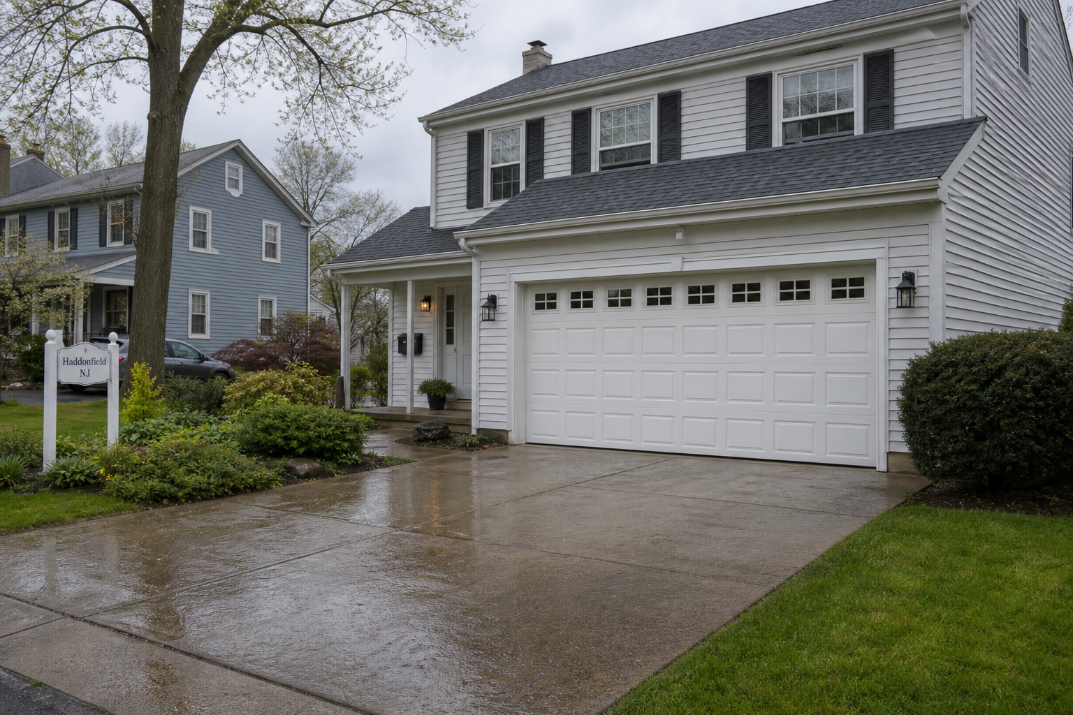 Haddonfield home exterior with a visible garage door after light rain